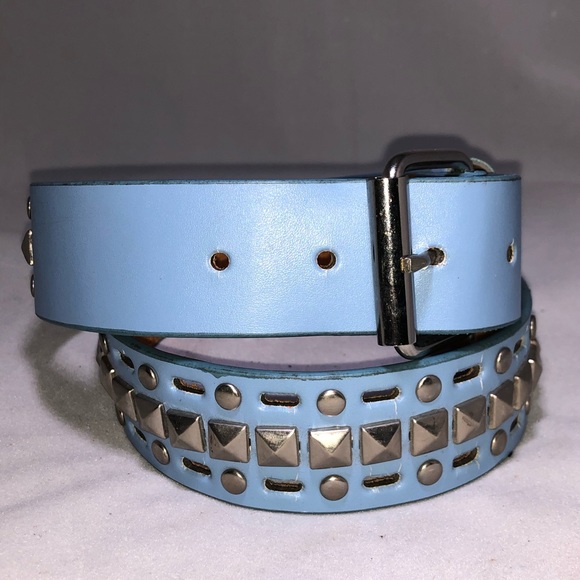 Vintage Accessories - {Vintage} Sky Blue Leather Pyramid Studded Belt